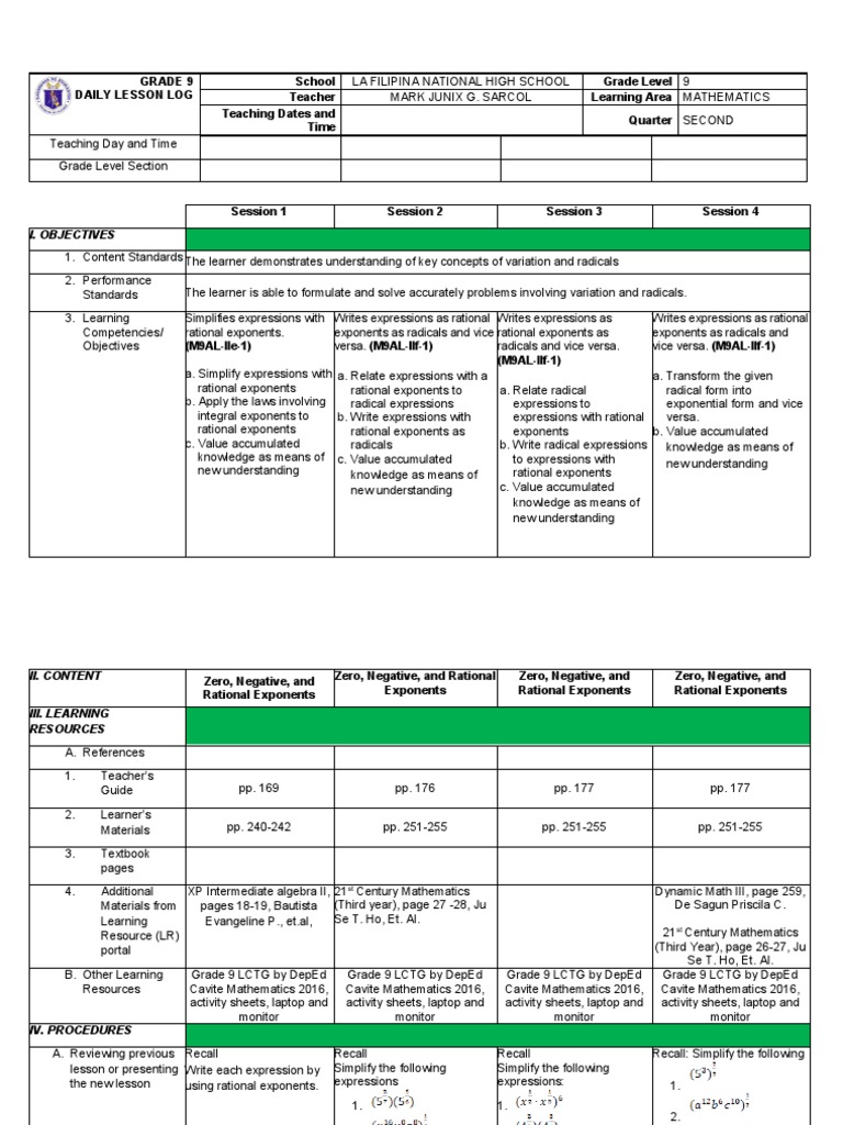 Grade 9 Math DLL: Rational Exponents | PDF | Exponentiation | Learning