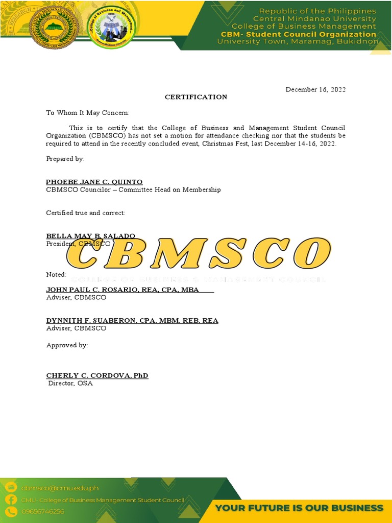 CBMSCO Attendance Certification for Christmas Fest | PDF