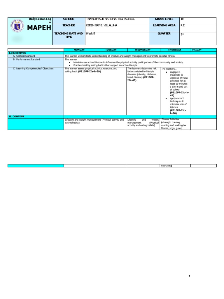 Q2 Grade 10 PE DLL Week 1 | PDF | Physical Fitness | Physical Education