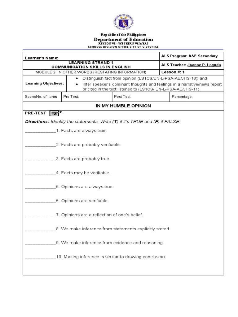 LS1 COMMUNICATION SKILLS ENGLISH ANSWER KEY QUARTER 1 visual data 5
