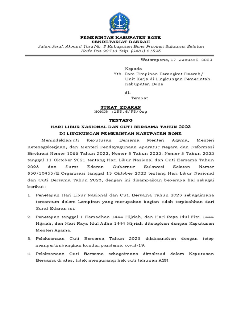 Hari Libur Nasional Dan Cuti 2023 Bone Pdf