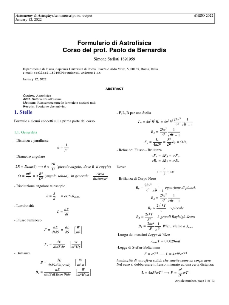 Formulario Di Astrofisica | PDF