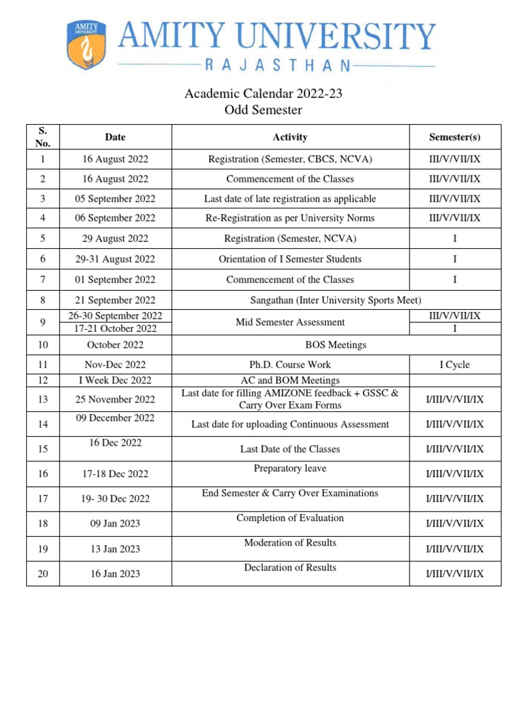 Aur Academic Calendar 202223 PDF Academic Term Course Credit