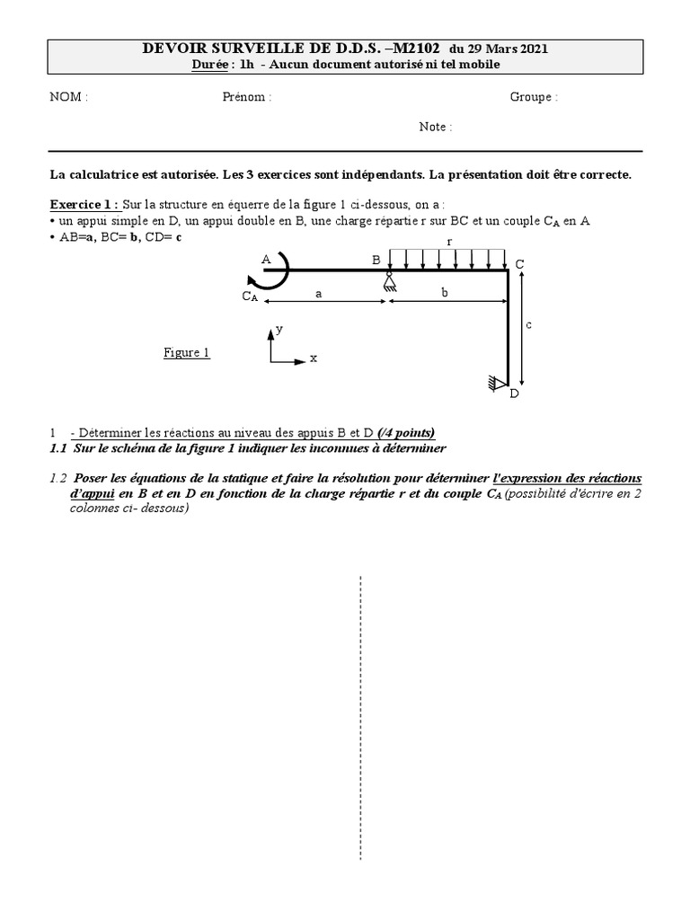 Devoir Surveillé D.D.S. M2102 - Statique | PDF | Résistance des ...