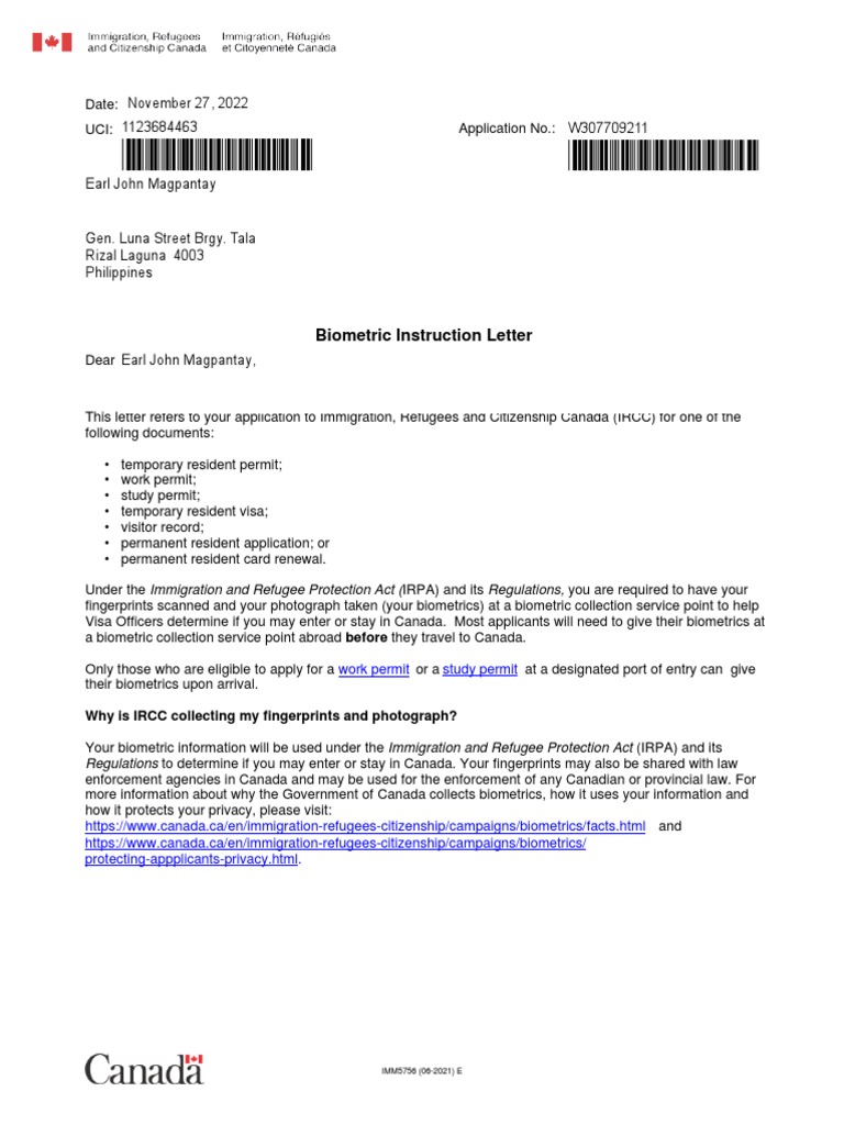 Biometrics Instruction Letter PDF International Relations