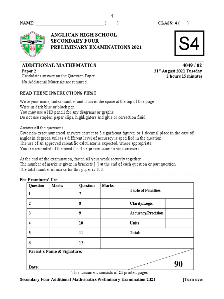 S4 Additional Math Preliminary Exam 2021 | PDF | Numbers | Circle