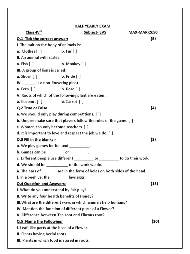Evs half yearly exam for class 4 covers games animals plants pdf
