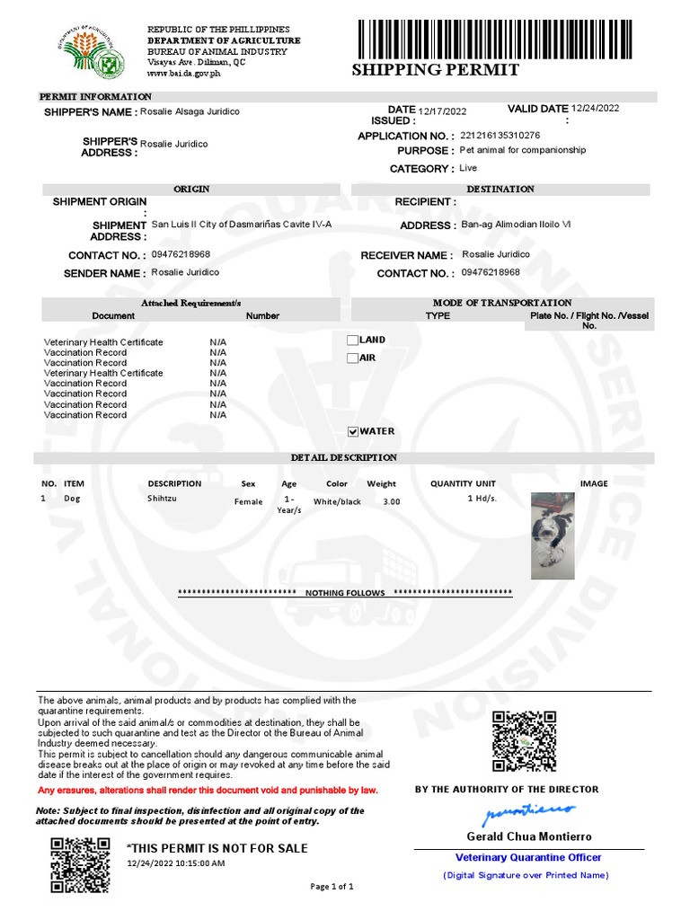 Shipping permit image pdf quarantine