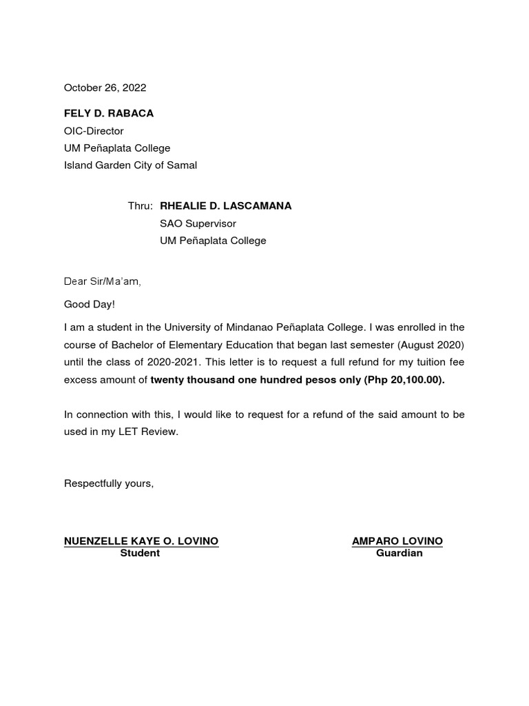 Tuition Fee Refund Request Letter | PDF
