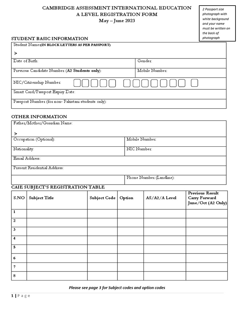 Cambridge A Level Registration Form | PDF