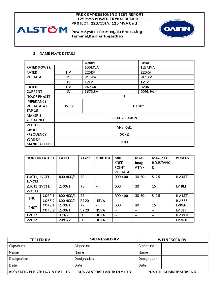125 MVA Transformer Pre-Commissioning Report | PDF | Transformer | Voltage