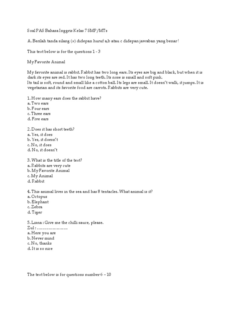 Soal PAS Bahasa Inggris Kelas 7 | PDF | Language Arts & Discipline ...