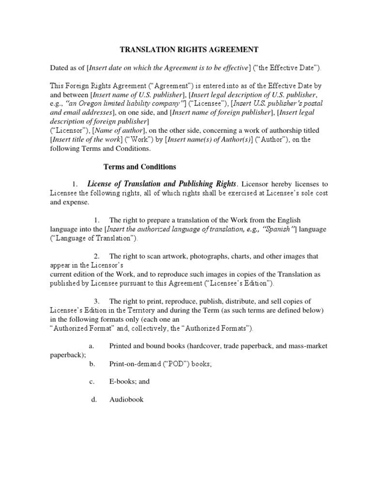 TRANSLATION RIGHTS AGREEMENT - Alvareztemp | PDF | License | Royalty ...