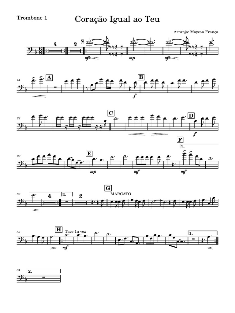 Partitura Um Coração Igual Ao Teu Trombone 1 Pdf