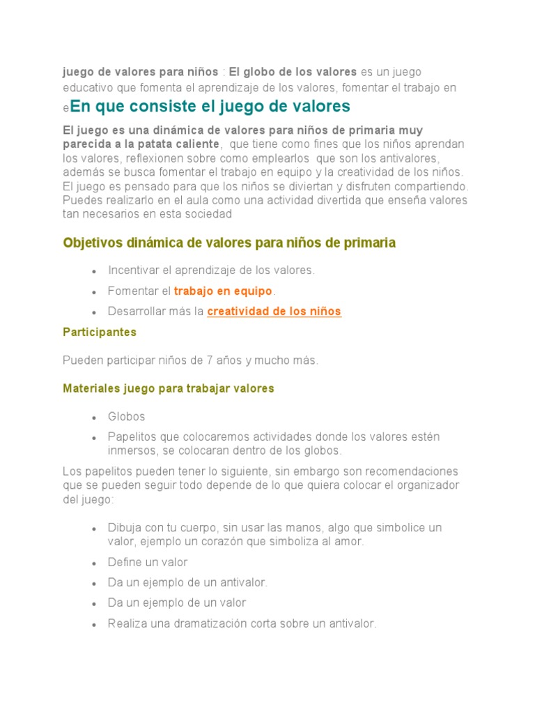 Juego de Valores para Niños | PDF | Cognición