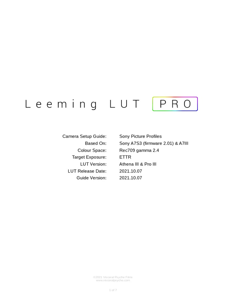 Leeming LUT Pro III Setup Guide Sony Picture Profiles PDF Exposure