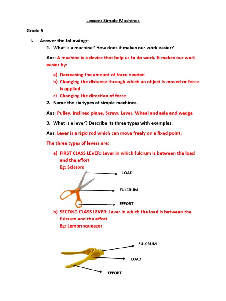 Grade 5 Simple Machines Notes 2022 PDF