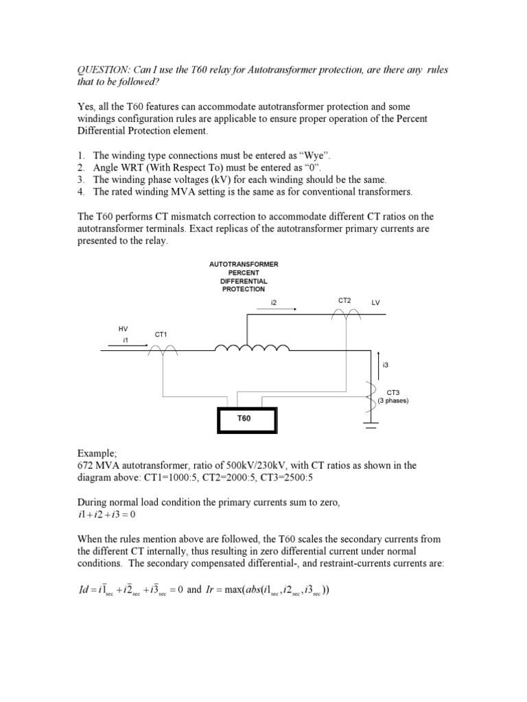 Guidelines for Using the T60 Relay for Autotransformer Percent