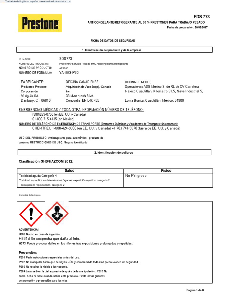 Msds Refrigerante Prestone 5050 PDF Especialidades Medicas Química