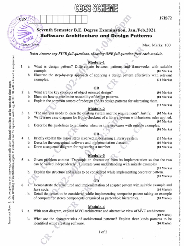 VTU Question Paper of 17IS72 Software Architecture and Design Patterns
