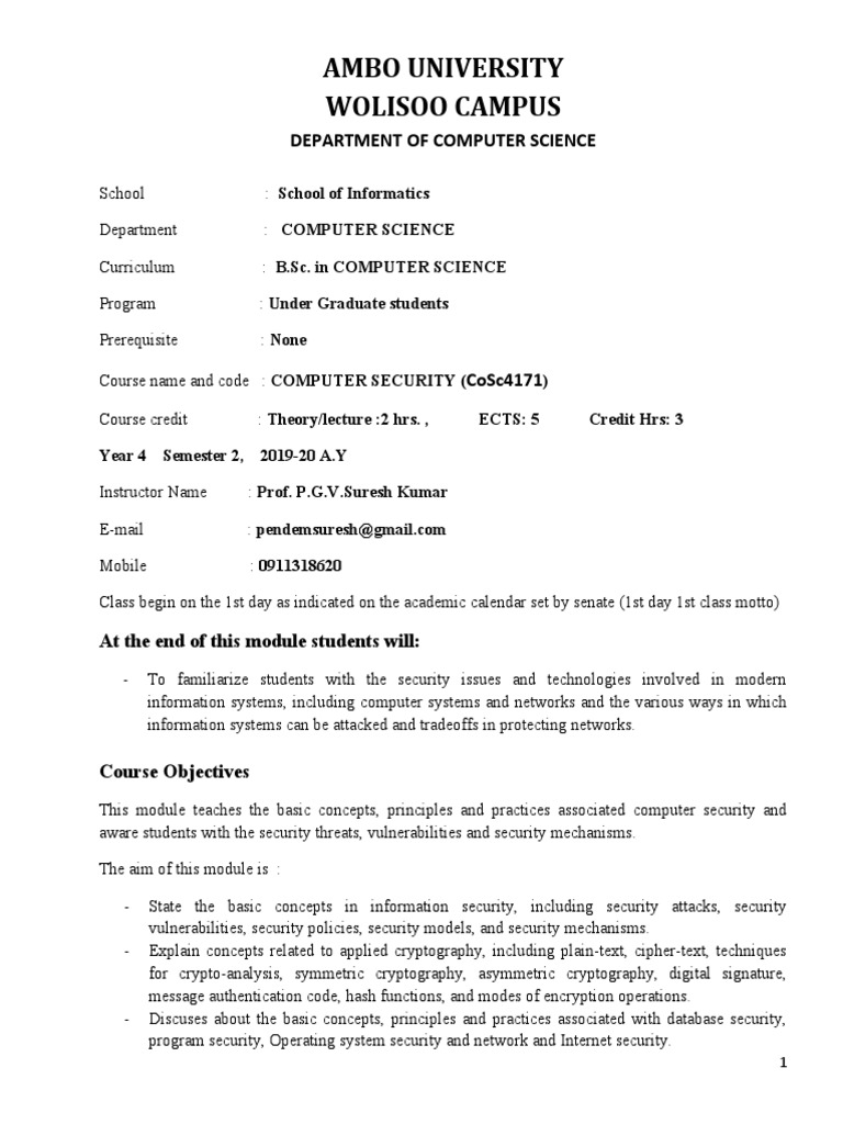 Curricullam UG Year 4 Sem 2 Computer Security Course Outline | PDF