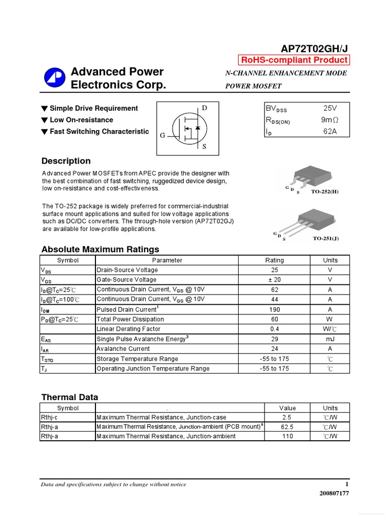 72T02GH AdvancedPowerElectronics | PDF | Field Effect Transistor | Diode