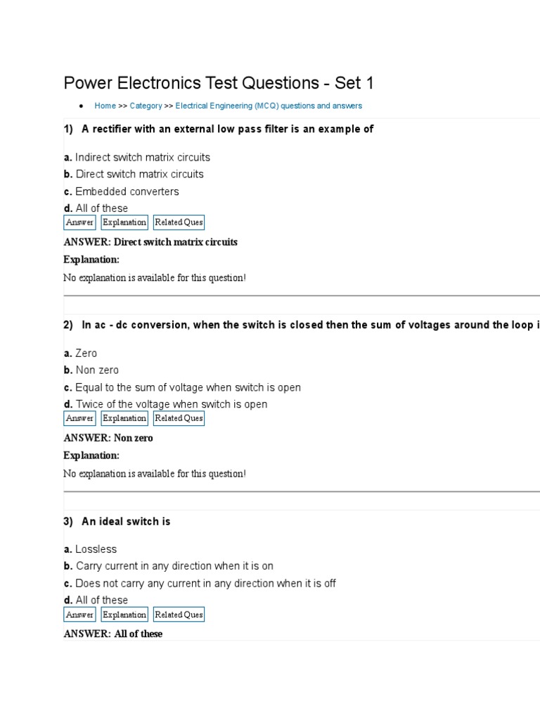 Power Electronics Test Questions Set 1 An Expert Review of Key