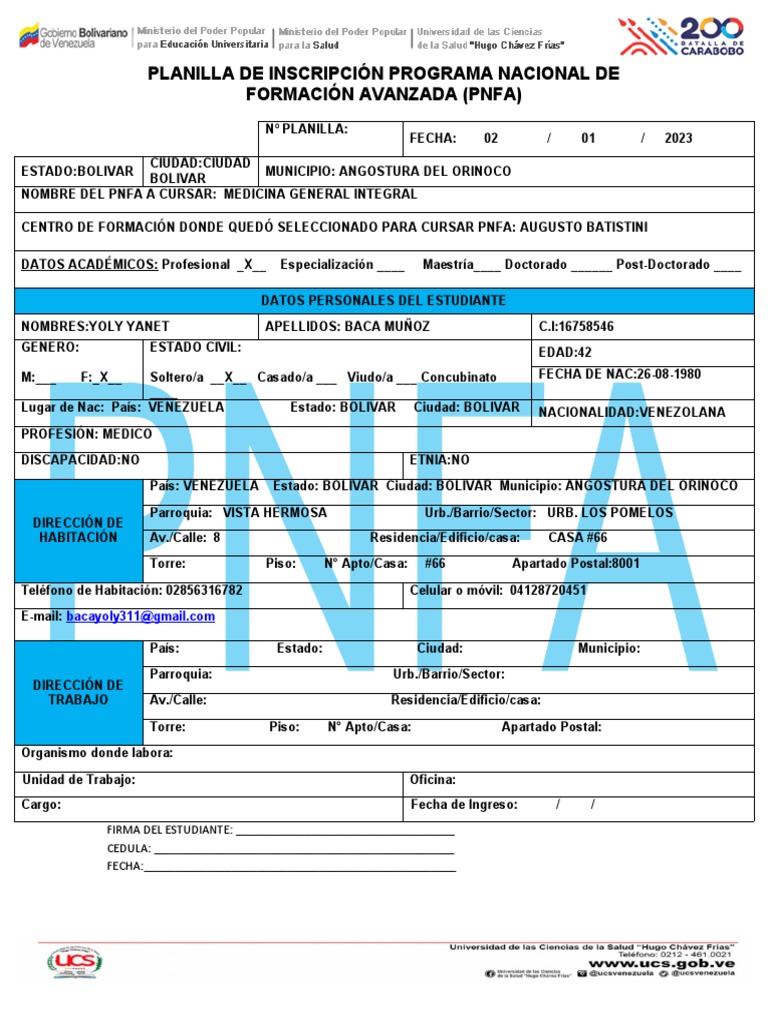 PLANILLA DE INSCRIPCIÓN PNFA 2022 Yoli | PDF | Cuidado de la salud ...