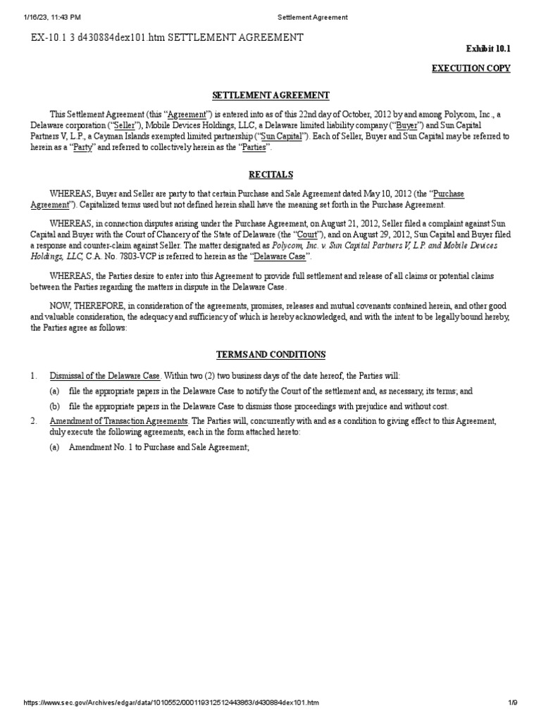 Settlement Agreement PDF Bankruptcy Stocks