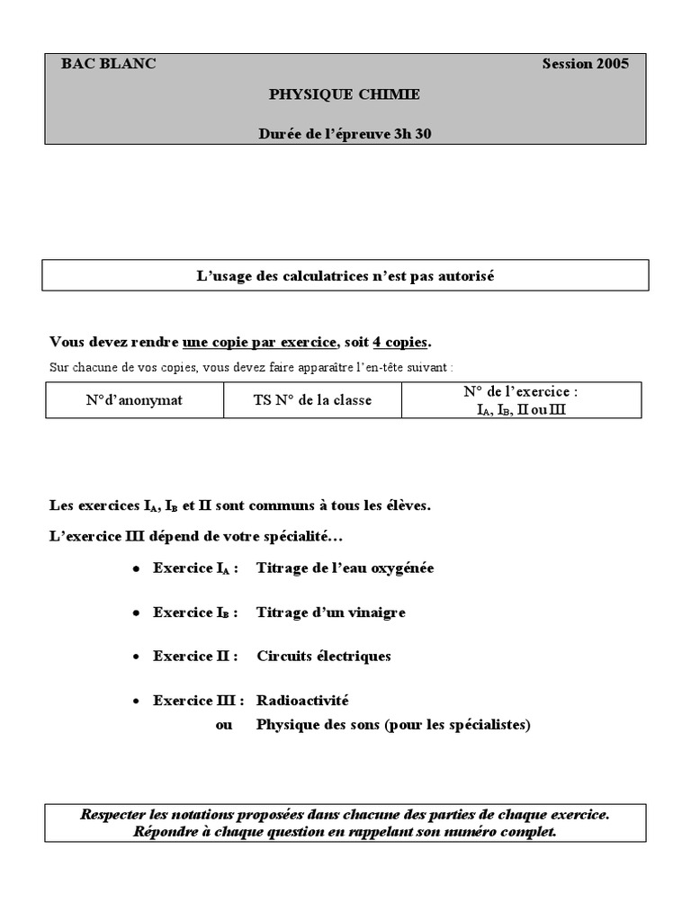 Bac Blanc Physique-Chimie 2005 : Exos et Notations | PDF | Noyau ...