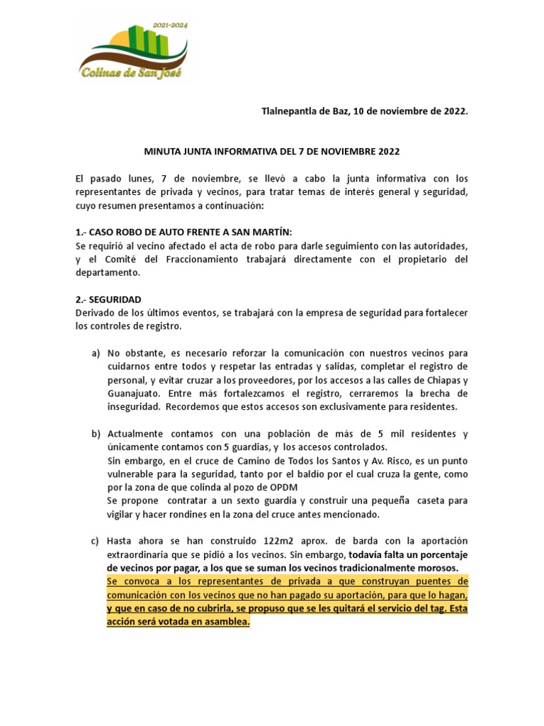 MINUTA JUNTA INFORMATIVA 101122 - Docx | PDF | Condominio
