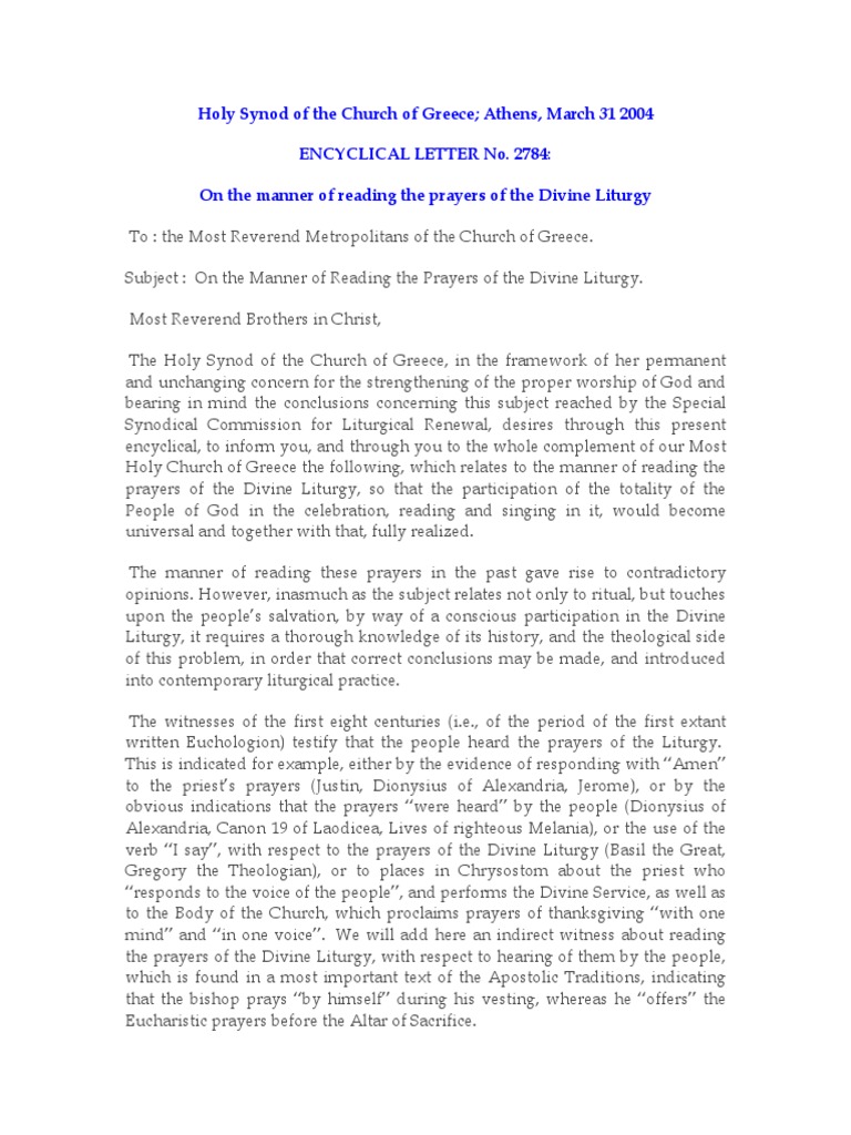 Encyclical on Divine Liturgy Prayers | PDF | Prayer | Anglicanism