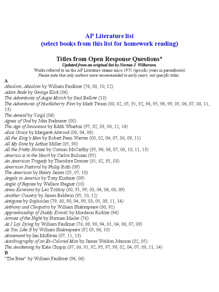 AP Literature Book List PDF English Language Literature Novels