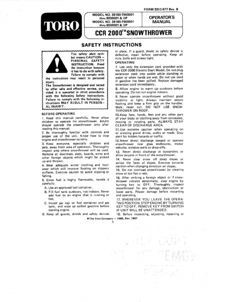 Toro snowthrower ccr 2000e operator s manual pdf