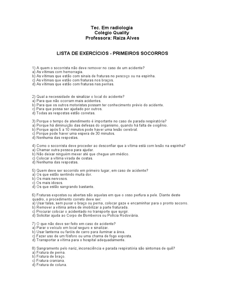 Lista de Exercícios: Primeiros Socorros | PDF | Febre | Primeiros socorros
