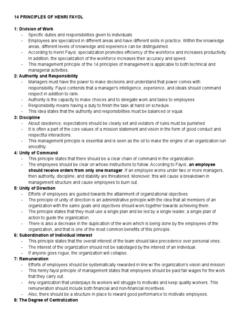 Fayol's 14 Principles of Management | PDF | Business | Behavioural Sciences