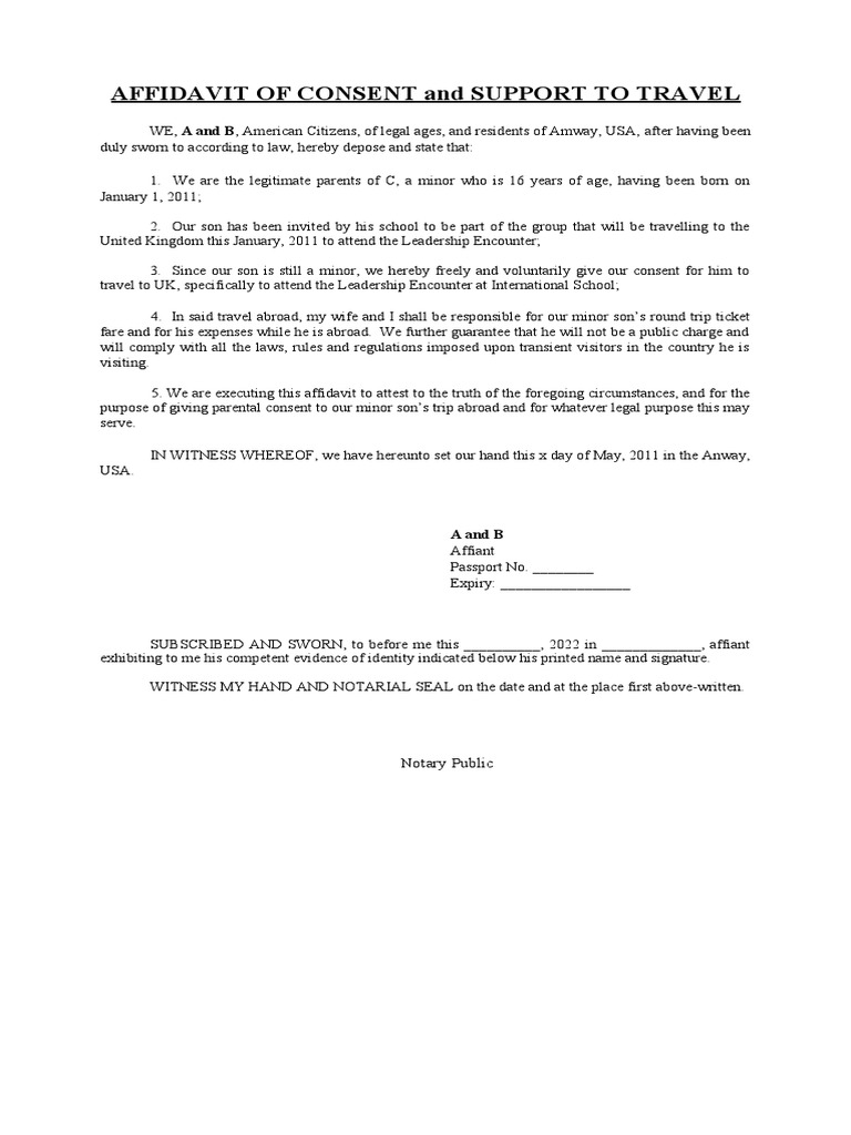 Affidavit of Consent To Travel (Uk) PDF