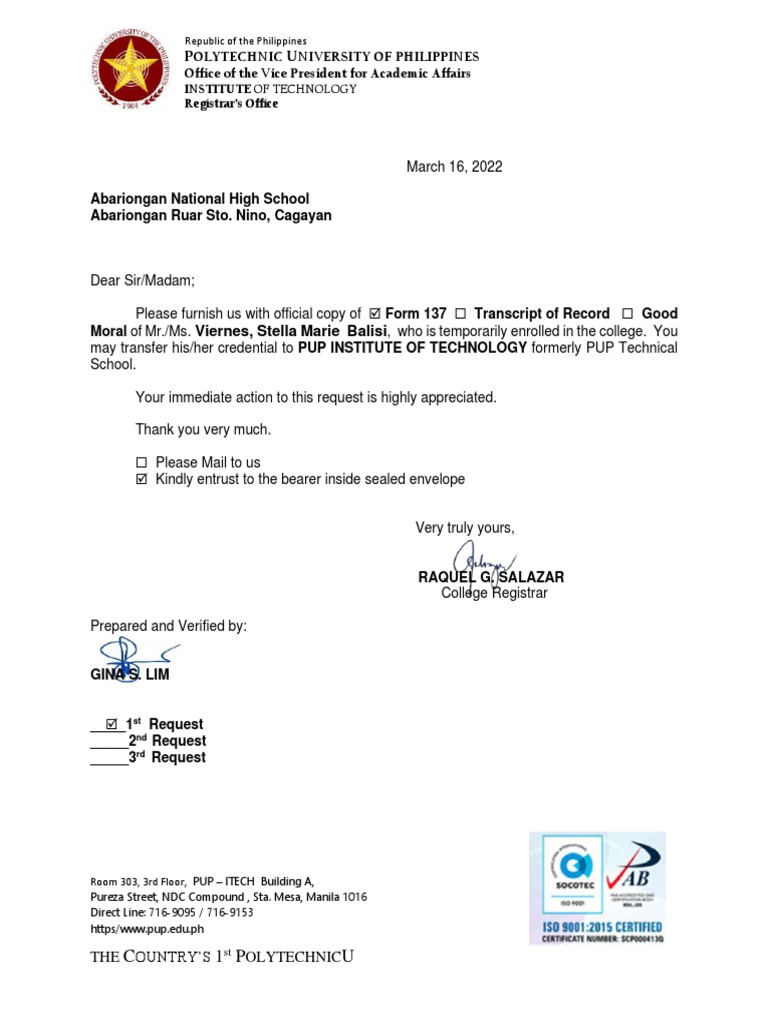 Request letter for form 137 pdf