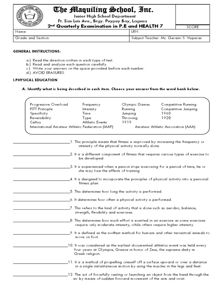 Grade 7 PE and Health Q2 Exam Guide | PDF | Human Body | Adolescence