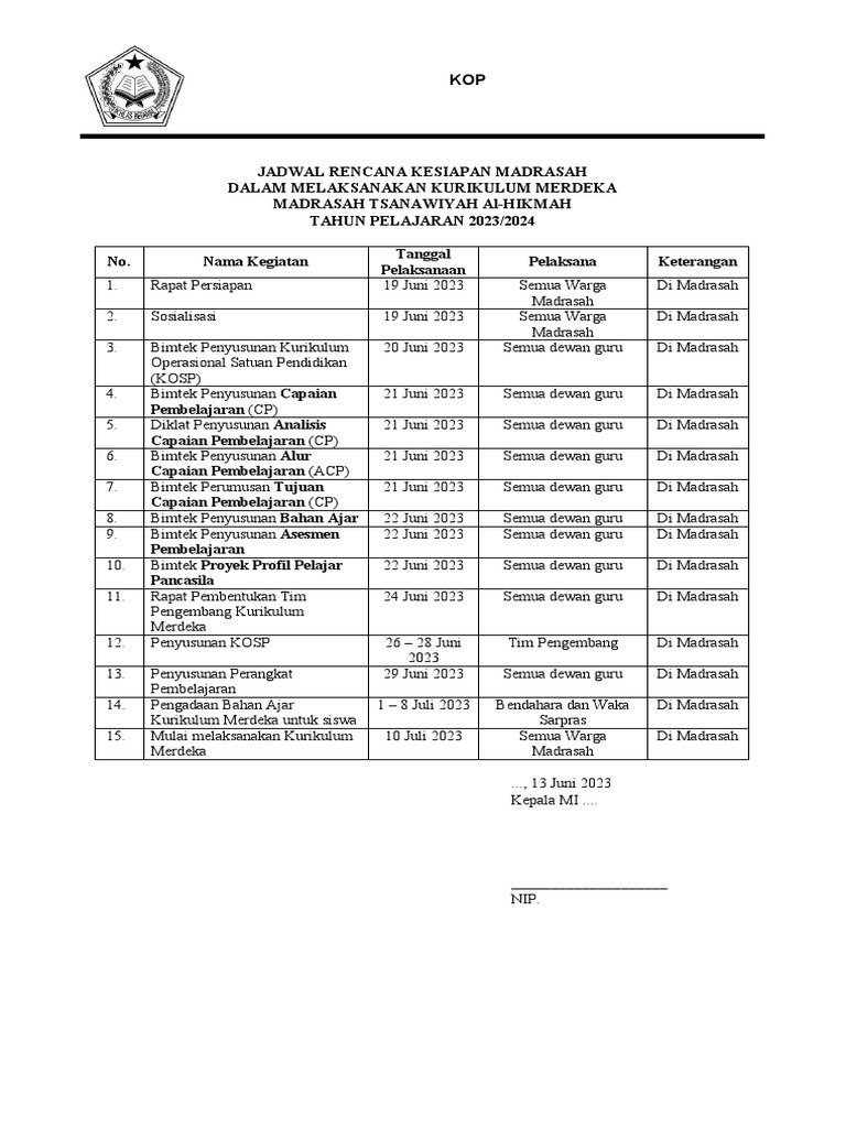 Contoh jadwal persiapan kurikulum merdeka edit pdf