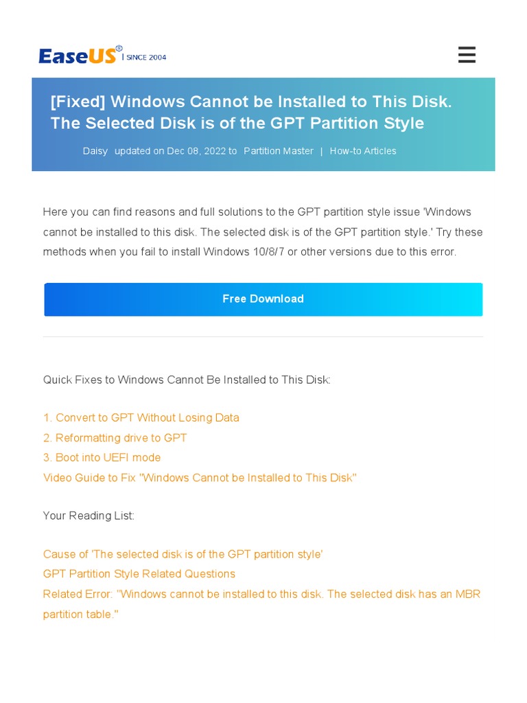 Windows Cannot Be Installed To This Disk. The Selected Disk Is of GPT