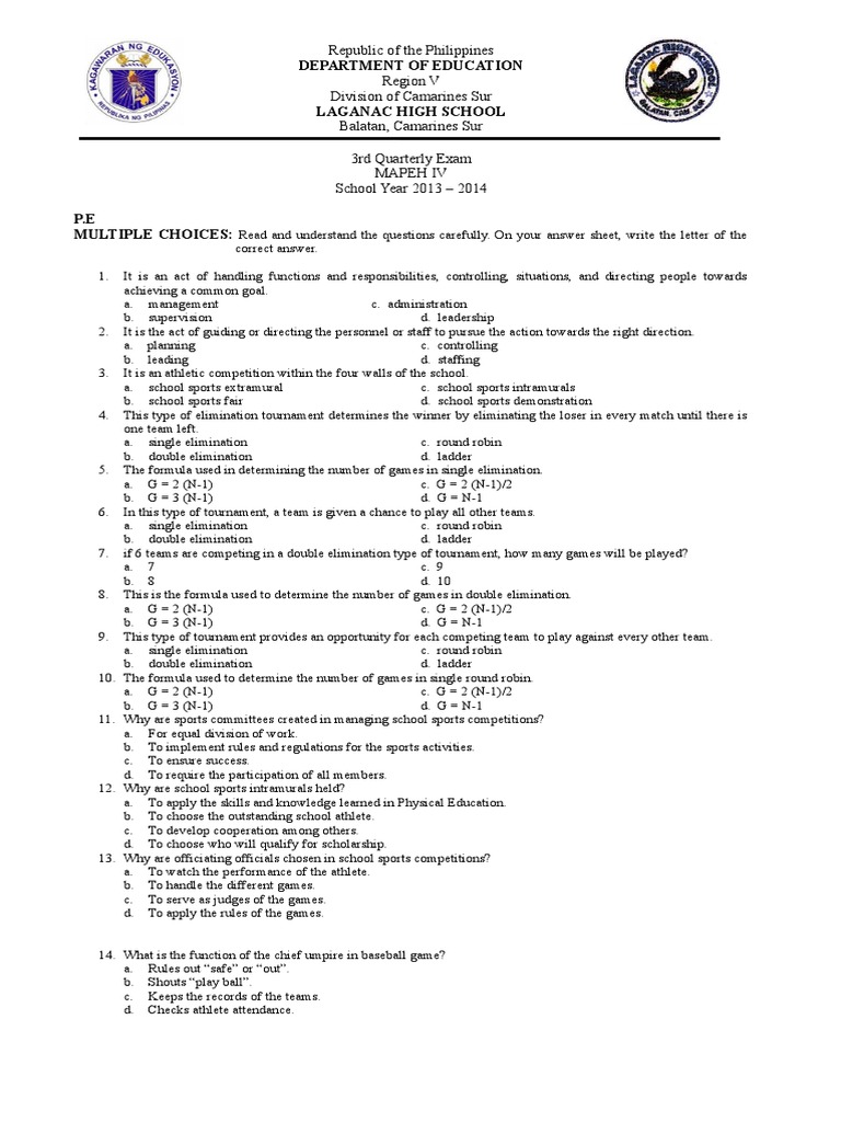 3rd grading mapeh test questions pdf sports tournament