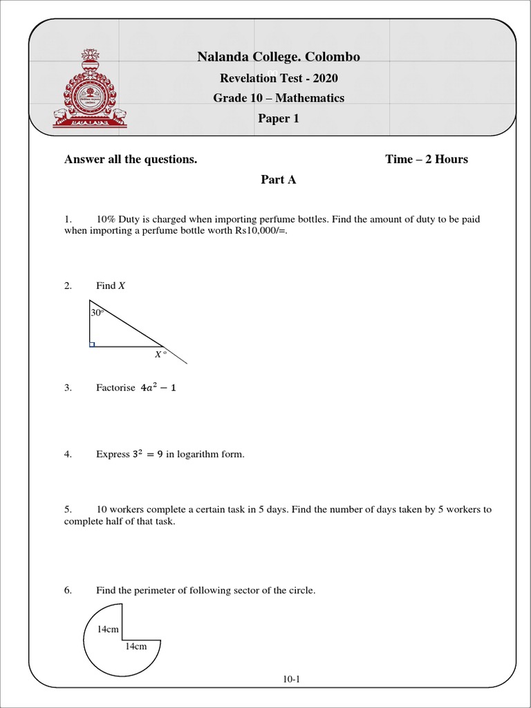 2020 Grade 10 Maths Second Term Paper English Medium Nalanda College PDF Interest Triangle
