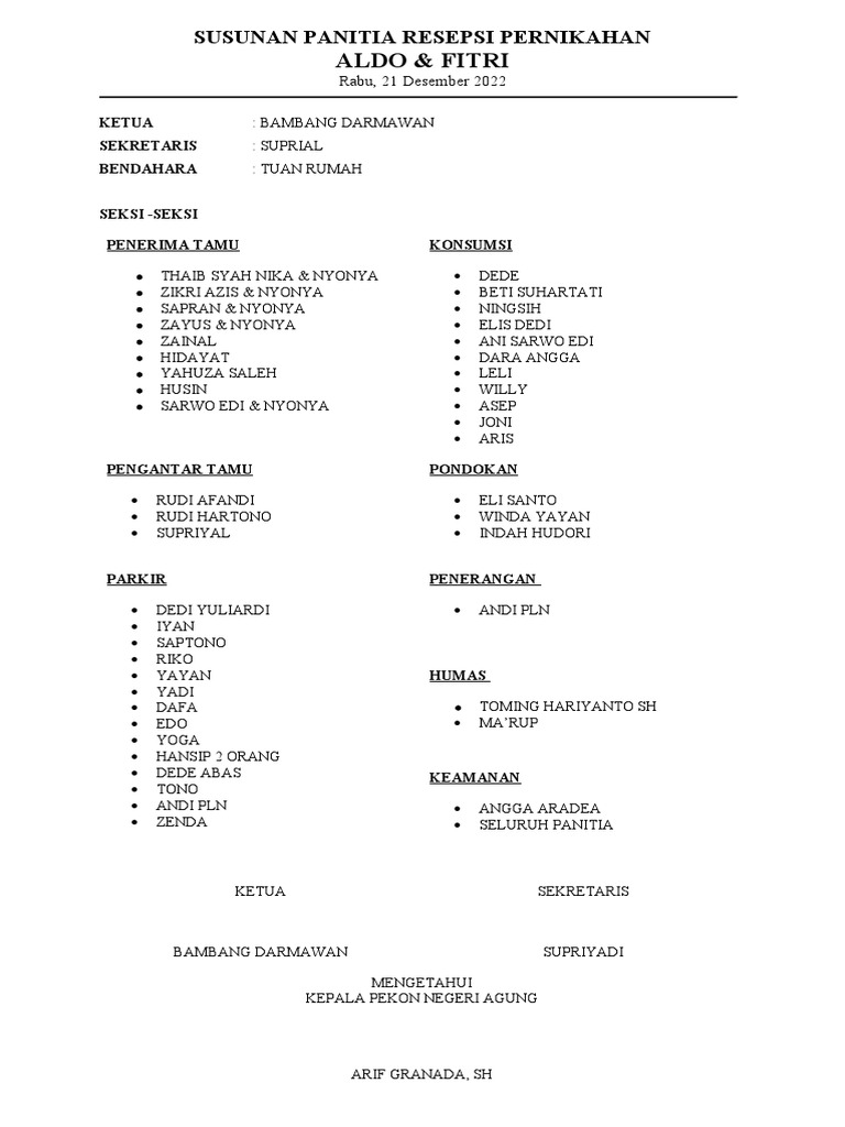 Susunan Panitia Resepsi Pernikahan | PDF