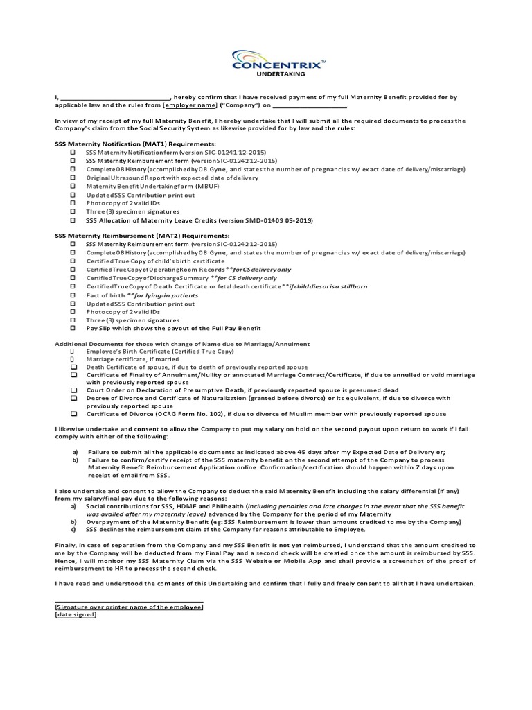 Maternity Benefits Undertaking Form | PDF | Marriage | Divorce