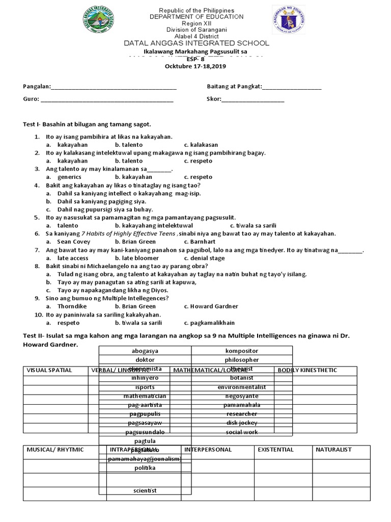 2ND Quarter Exam - Grade 7 Esp | PDF