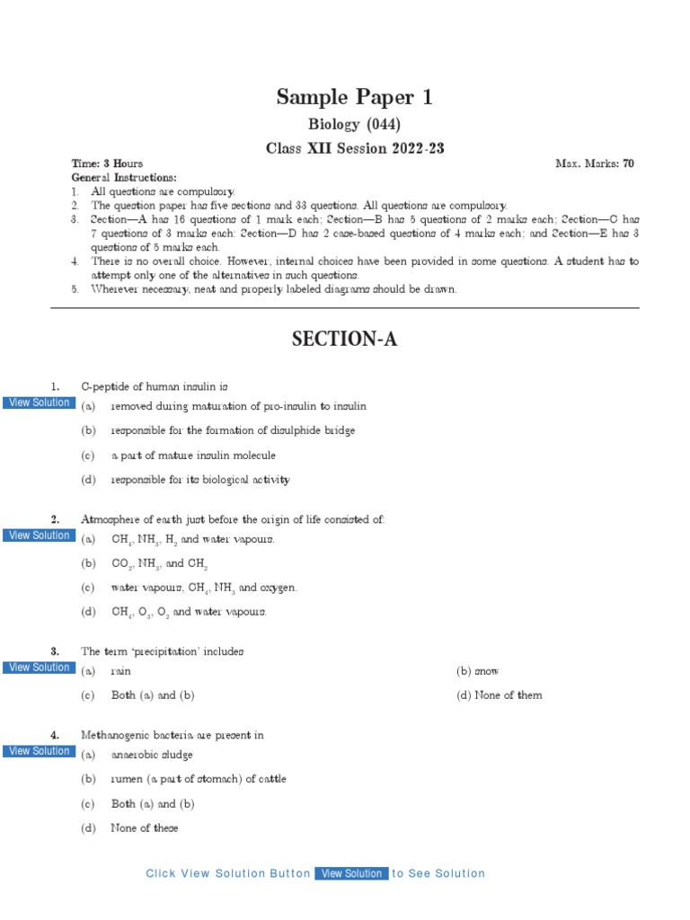 CBSE Class 12 Biology Sample Paper 1 | PDF | Translation (Biology ...