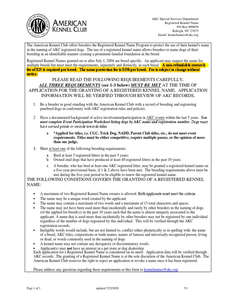 Registered Kennel Name Application July 2021 E PDF American Kennel