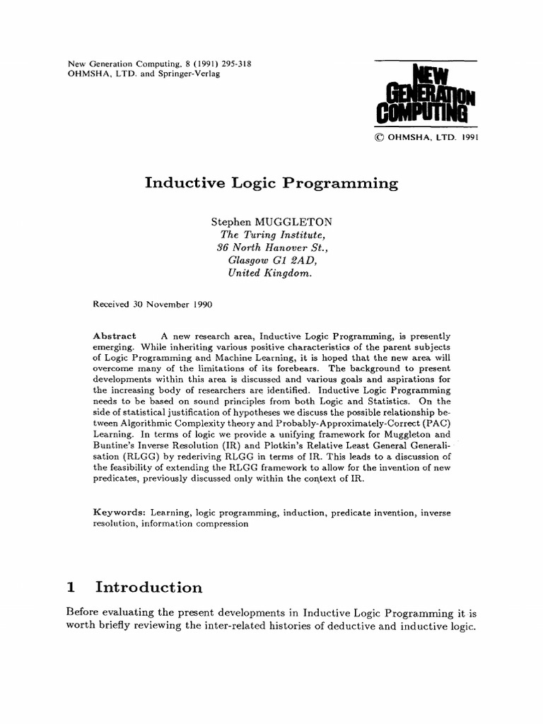 Inductive logic programming the turing institute 36 north hanover st