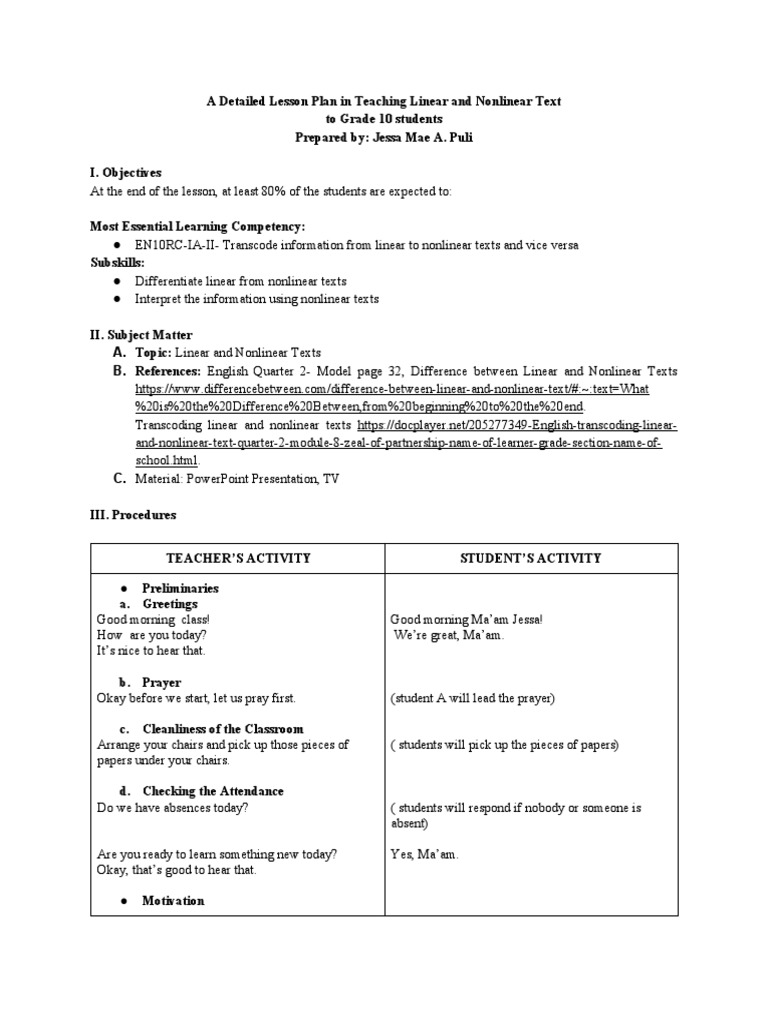 A Detailed LessoN Plan in Teaching Linear and Nonlinear Text | PDF ...